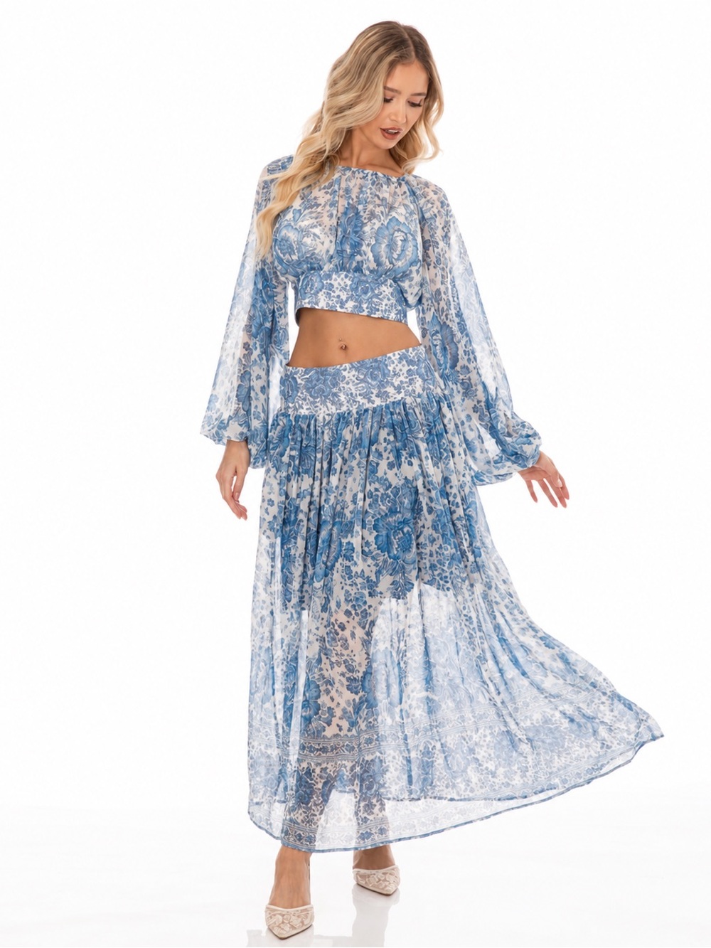 Azure Bloom Bohemian Two-Piece Maxi Skirt Set